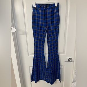 Blue plaid, bell bottom/flare style pants